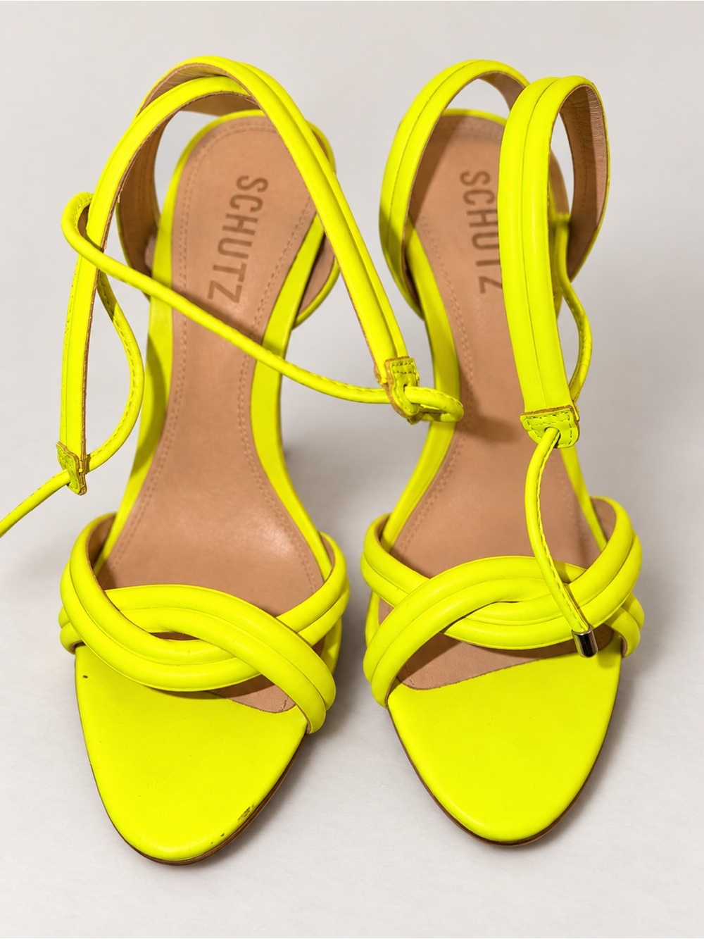 SCHUTZ Neon Yellow Strappy High Heel Sandals with Ankle Wrap